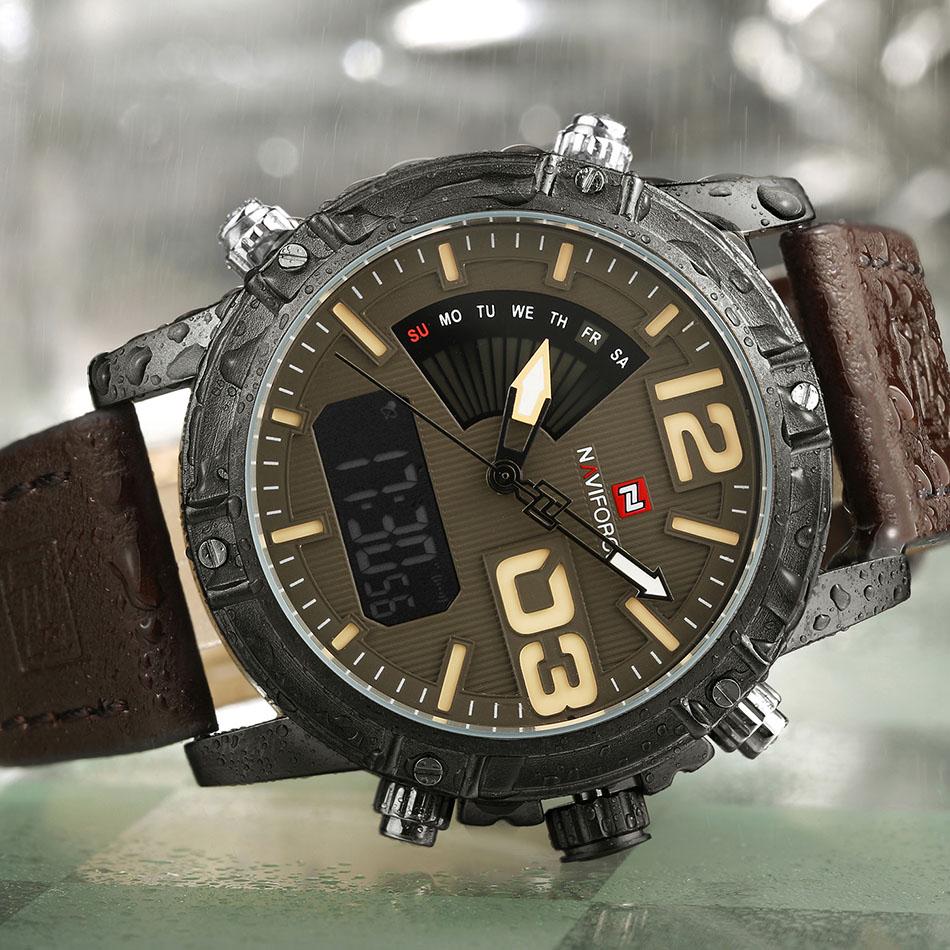Naviforce Мужские повседневные коричневые кожаные спортивные часы, модные цифровые кварцевые наручные часы с двойным дисплеем