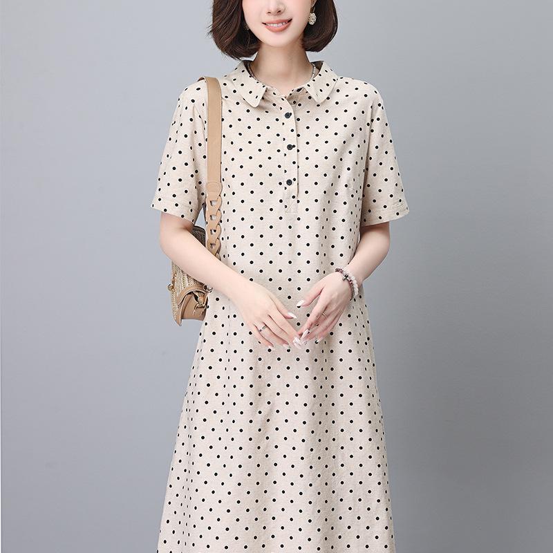Летнее платье в горошек из хлопка и льна 2024 года — женское, французский стиль, размер плюс, длинная юбка