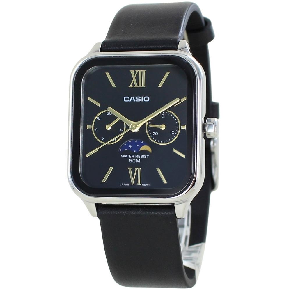 Casio Стандартные часы с фазами Луны с футляром Черный кожаный ремешок и вход (Эксклюзив для зарубежных стран) - Набирать номер