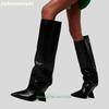 Мода Странный Стиль Каблук Острый Носок Сапоги до Колена 2025 Зимняя Новинка Однотонные Натягивающиеся Большой Размер Женские Длинные Сапоги Кожаная Обувь