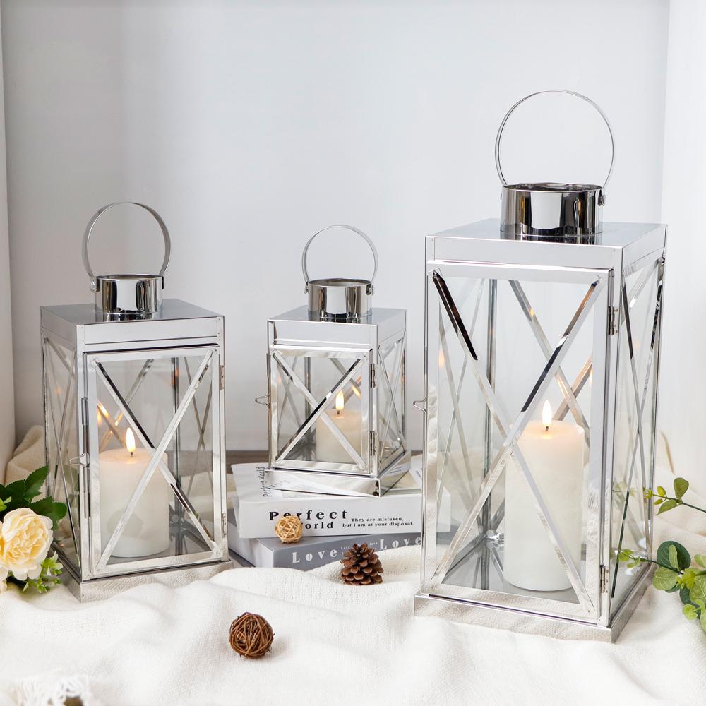 Set of 3 Sliver Candle Lantern Stainless Steel Metal Lantern Empty Square Candle Lantern for Wedding Decoration