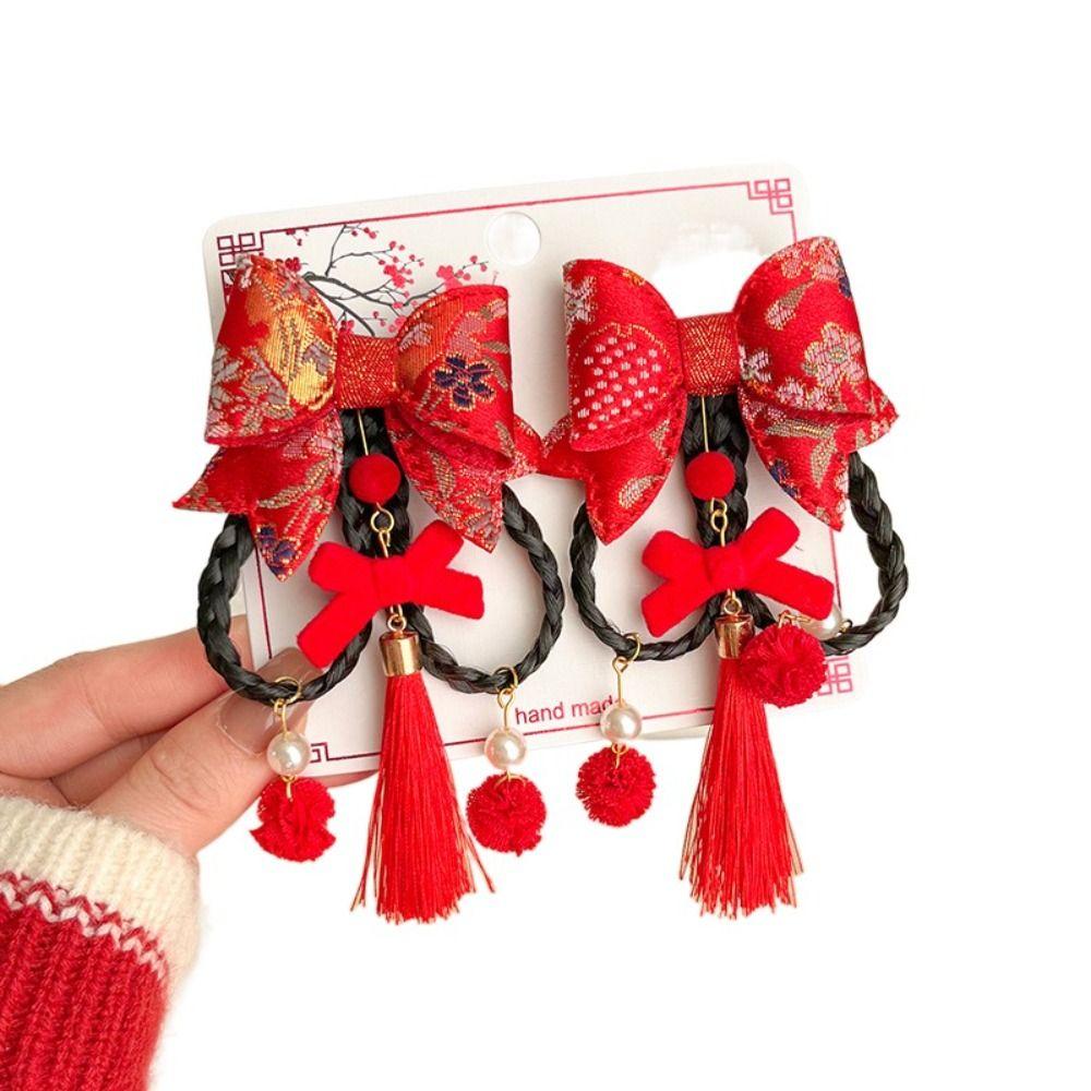 2 шт. Цветочная кисточка Детская заколка-бант Заколка для волос в китайском стиле Коса-парик Боковой зажим Ханфу Девочки