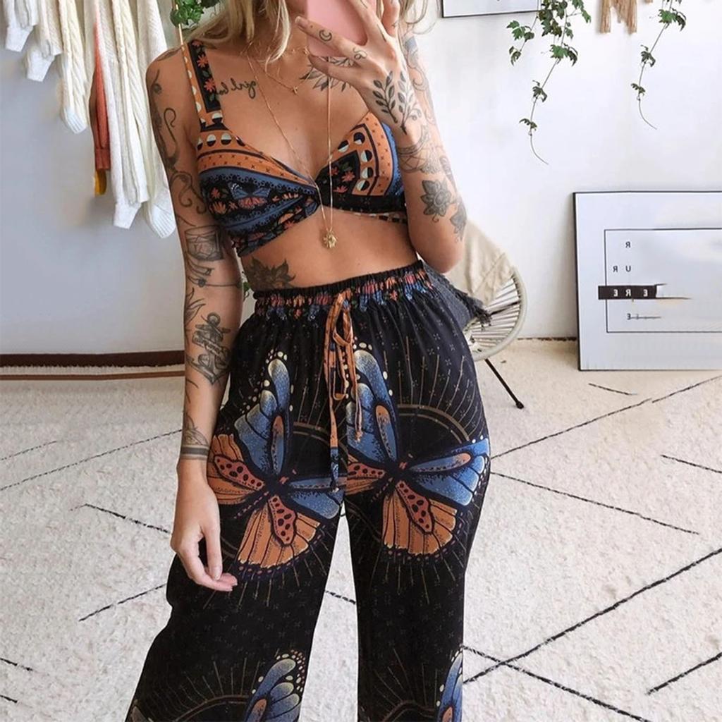 Женский повседневный топ без рукавов с принтом бабочки + длинные брюки, комплект из 2 предметов