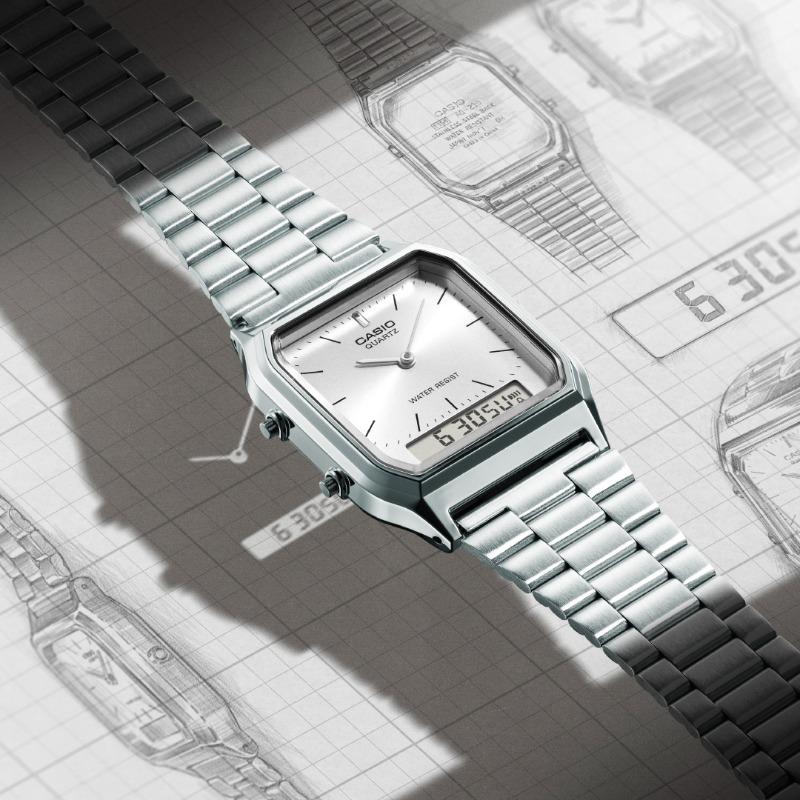 Casio Мужские водостойкие цифровые кварцевые часы с будильником из нержавеющей стали AQ-230A-7AMQY