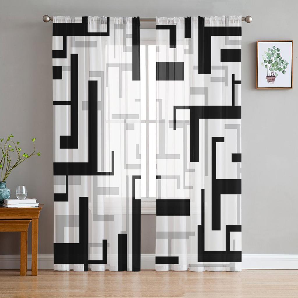 Геометрические черные, белые, серые прозрачные шторы из вуали для гостиной, окна, шифоновые тюлевые занавески, занавески для кухни, спальни, домашний декор