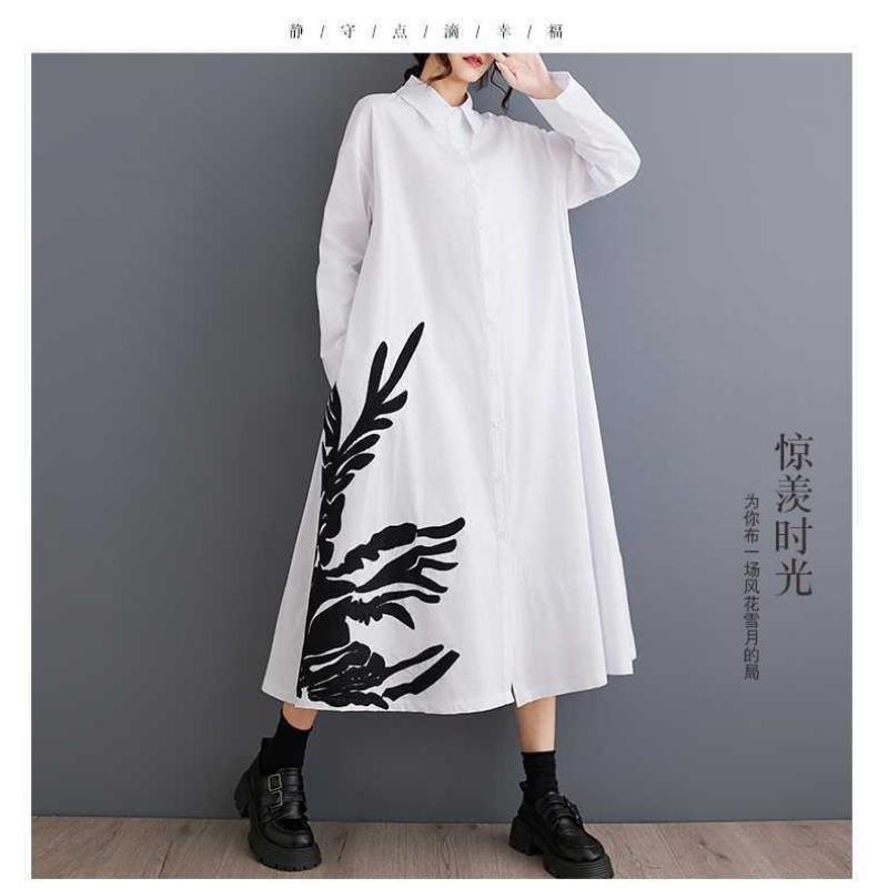 Loose Large Size Splicing Casual Simple Printed Sweet Long Sleeve Shirt Dresses