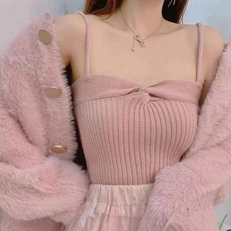 Новый весенне-летний дизайн Kink Высокая талия Бретельки Грудь Универсальный вязаный жилет на бретелях с коротким топом для женщин