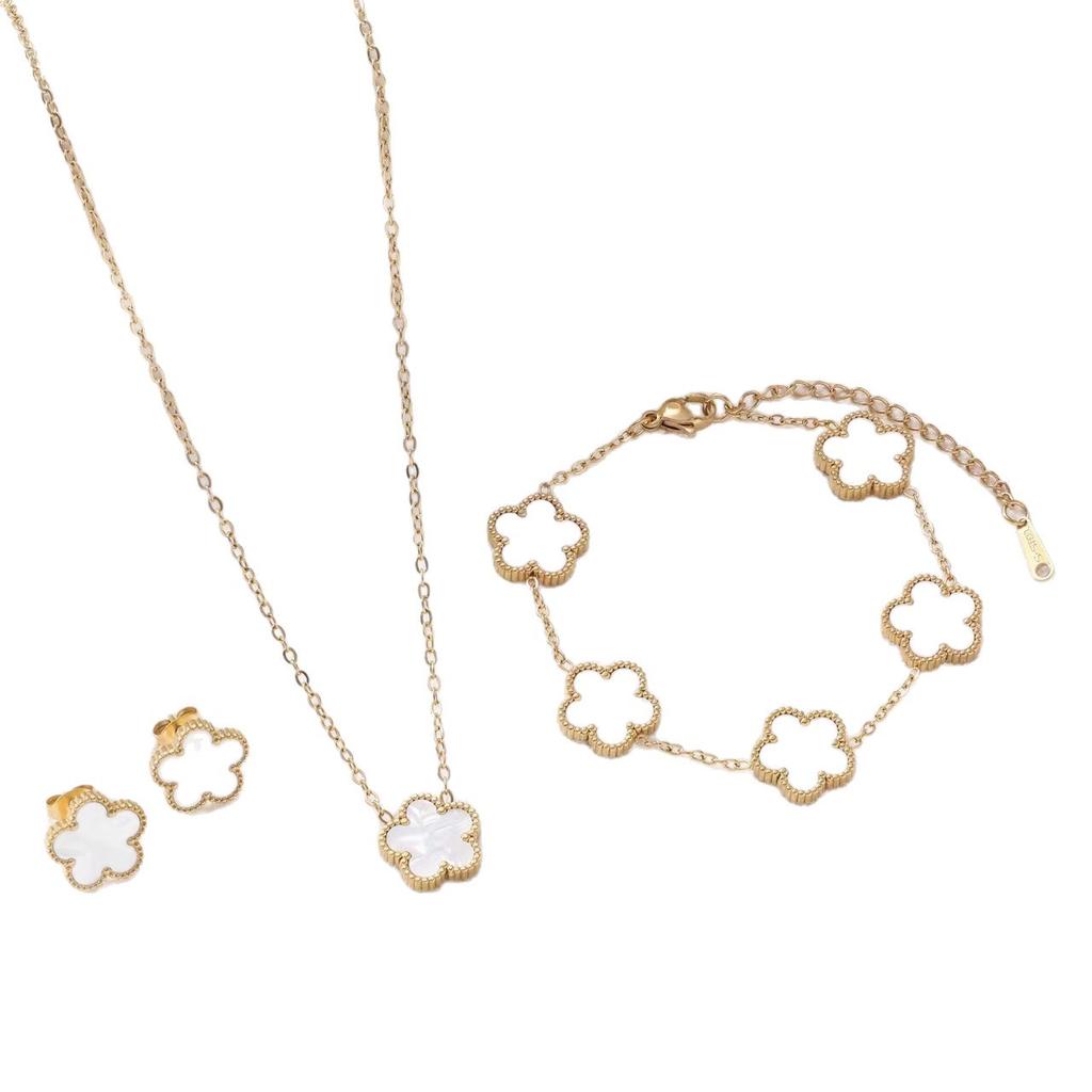 3PCS Titanium Steel Lucky Five Leaf Flower Necklace Bracelet Earring Set