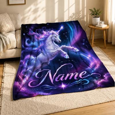 Leaping Unicorn Name Coral Fleece Blanket Personalized Fantasy Decor