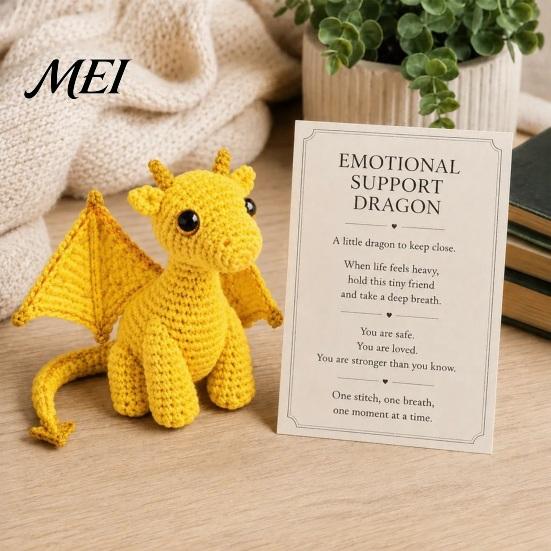 Crochet Dragon Toy Doll with Card, Emotional Support Handmade Decor, Pocket Plushie Mini Knitting Ornament, Inspirational Gifts for Family Friends