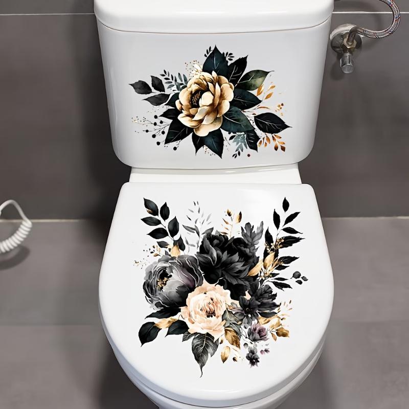 Waterproof Floral Toilet Decals Easy Clean Self Adhesive Fresh Floral Print Stickers for Home Bathroom Refresh Decor