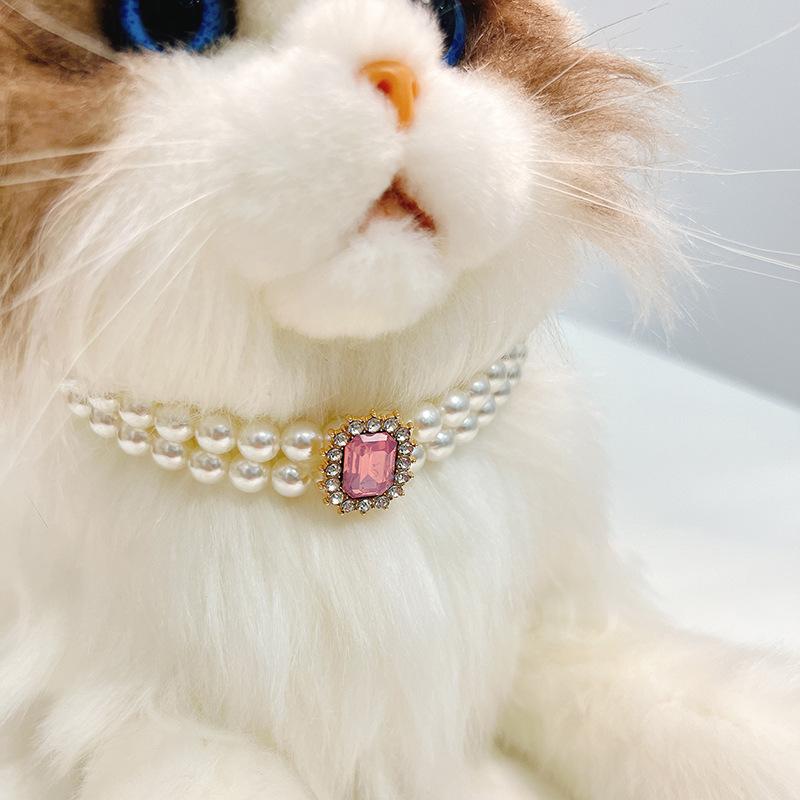 Pet Collar Pearl Double Stacking Dog Siamese Devon Cat Pearl Necklace with Diamonds Jewelry