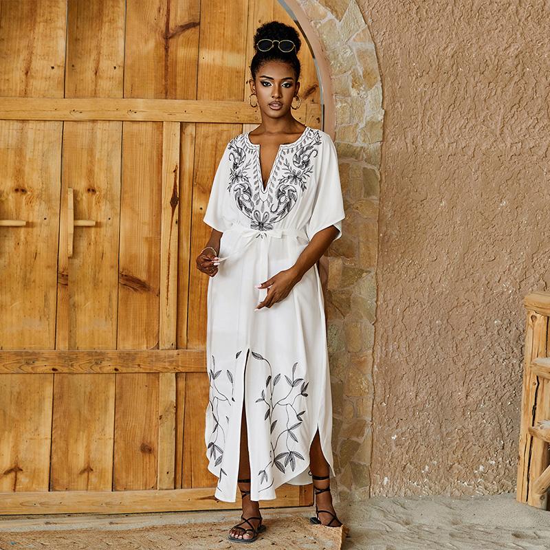 EDOLYNSA Sexy Kaftan Dress Women Plus Size Beach Wear 2023 Bohemian Tie Dye Striped Bikini Cover-ups Long Tunic Swim Suit Cover Up Q1517