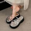 Silver Wedges Slippers Women Platform High Heels Summer Ladies Sandals 2024 New Gray Belt Cross Outdoor Shoes Zapatillas Mujer