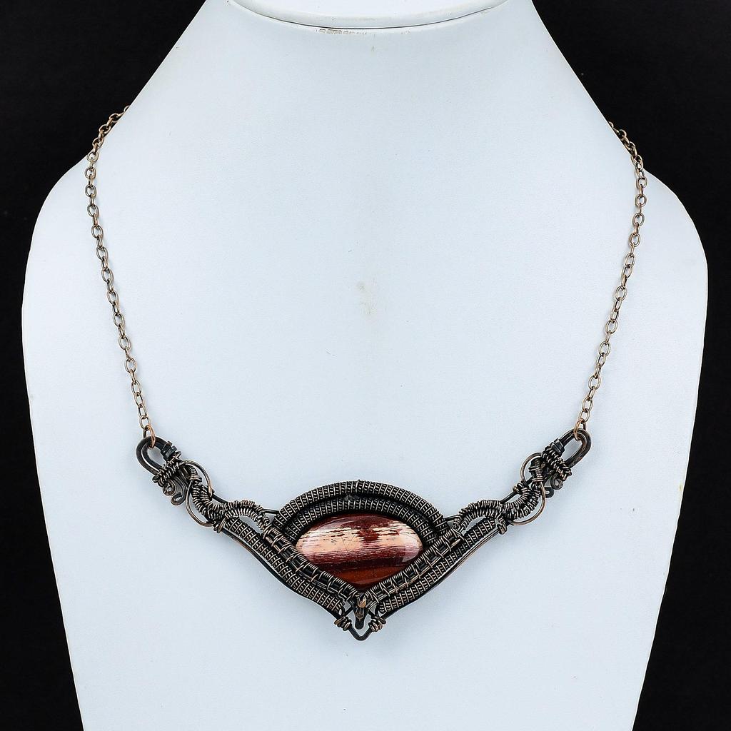 Red Snakeskin Jasper Necklace Copper Wire Wrapped Necklace Handmade Gemstone Jewelry Adjustable Chain Necklace Copper Wire Jewelry For Gift