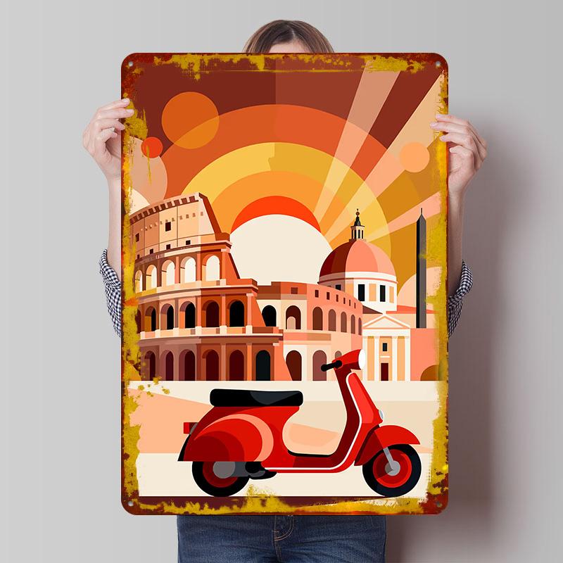 Rome Italy Scooter Travel Printed Poster Customized Wall Art Retro Vintage Metal Tin Signs for Decoration Garage Decorations