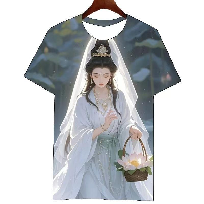 2026 Summer Guanyin Pattern 3D Print T-shirt Crew Neck Short Sleeve Comfortable Comfortable Loose Top Trendy Short Sleeve