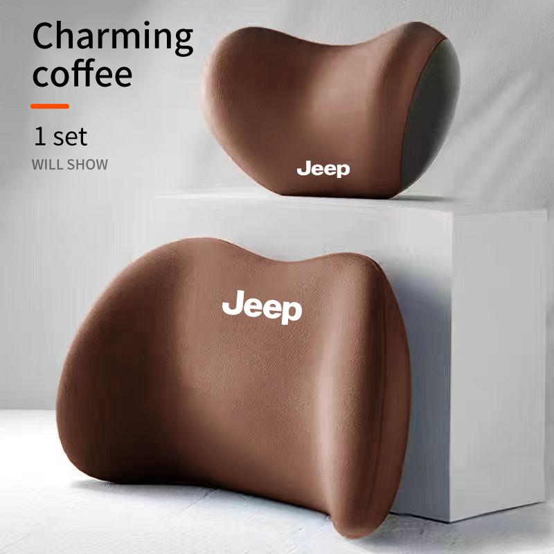 FJN1 Car 3D Headrest Lumbar Support Leather Neck Pillow Waist Cushion For Jeep Grand Cherokee Compass Patriot Renegade Wrangler Liber