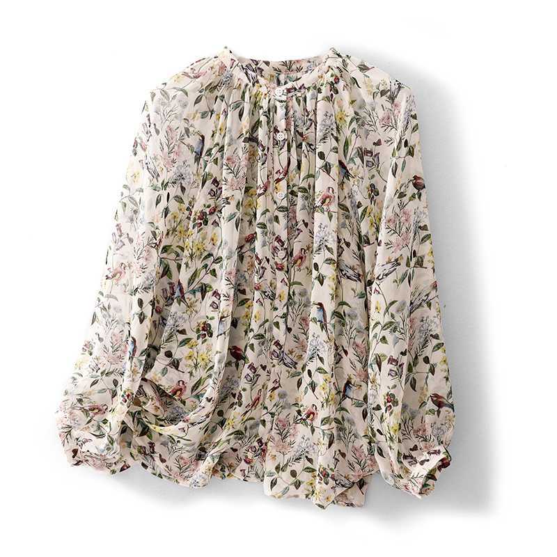 Весна-лето V-образный вырез Цветочная рубашка Женская Дизайн Sense Temperament Длинные рукава Солнцезащитный Топ Блузки Рубашки