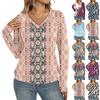 Women's Casual Fashion V-Neck Raglan Pleated Floral Print Long Sleeve Top