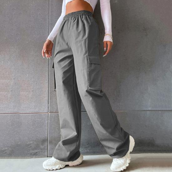Women Cargo Pants Elastic Waist Wide Leg Solid Color Trousers Casual Joggers Sweatpants with Side Flap