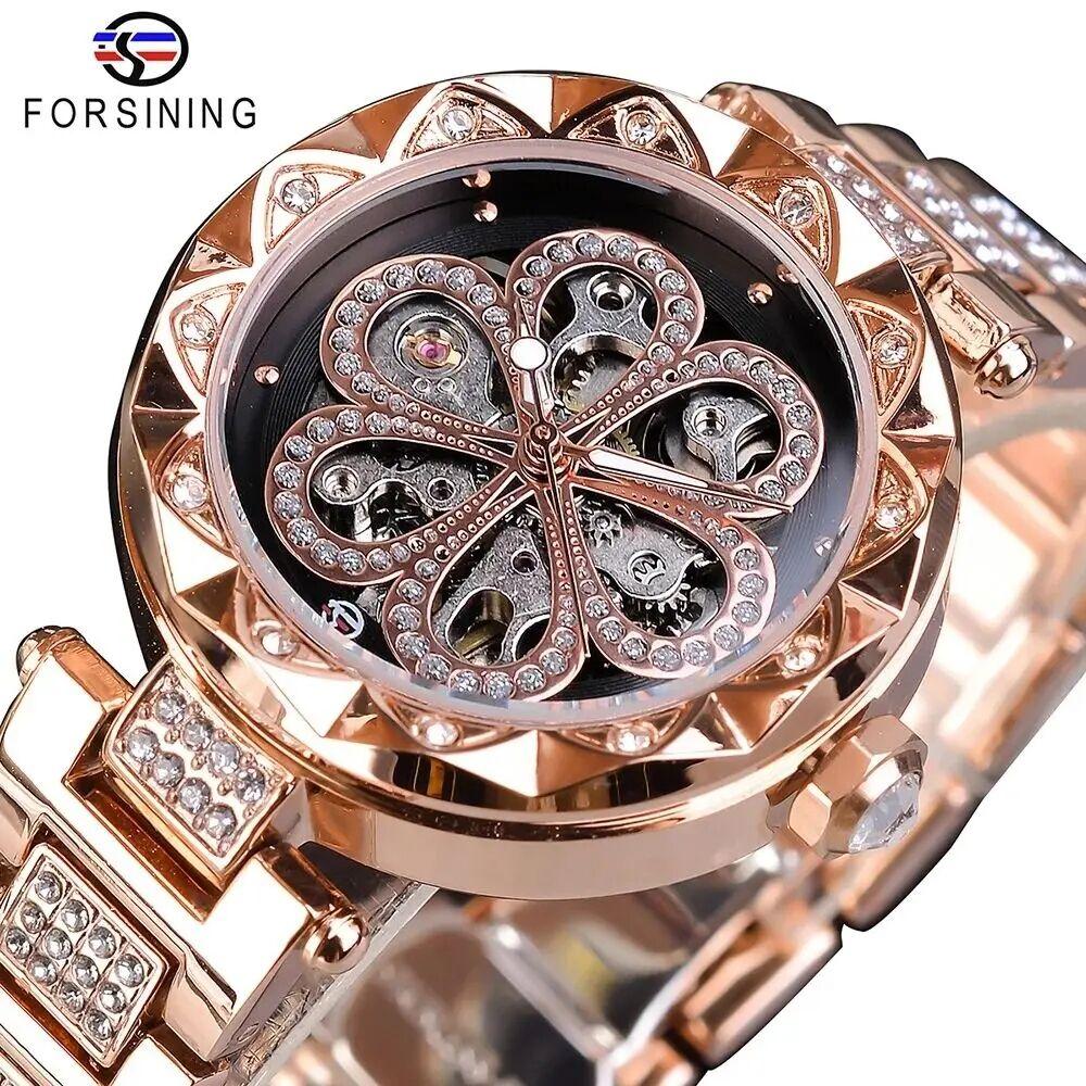Forsining Elegant Fashion Women Automatic Mechanical Watches Luxury Diamond Stainless Steel Waterproof Ladies Stylish Wristwatch