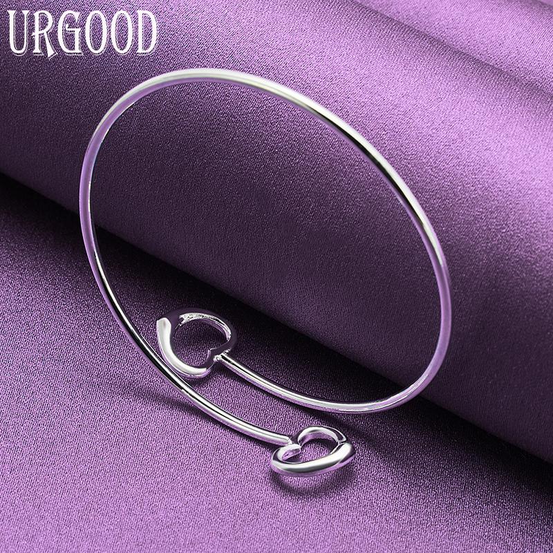 Ювелирные изделия из стерлингового серебра 925 пробы с двойным сердцем и открытым браслетом