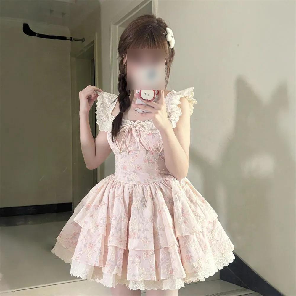 French Sweet Pink Small Flying Sleeves Floral Dress Women's Summer Small Man Waist Fugitive Princess Fluffy Short Dress