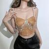 Сезон Ветра Новая Женская Одежда Без Бретелей Однолинейный Вырез Лодочкой Стразы Бахрома Сексуальный Кроп-Топ Облегающий Без Спины Майка для Женщин