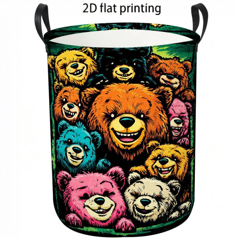 1pc Laundry Basket, Colorful Smiling Bear Print Dirty Clothes Hamper, Casual Style Storage Organizer with Reinforced Handles, Large Capacity Foldable