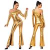 Womens Metallic Shiny Disco Flare Jumpsuit Sequin Tassels One Shoulder Long Sleeve Bell Bottoms Bodysuit