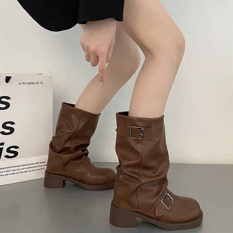 Женские туфли на среднем каблуке, ботинки «Челси» на толстой платформе, зимние дизайнерские новые мотоциклетные ботинки, туфли-лодочки в стиле панк до середины голени