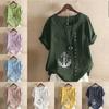 Women's Fashion Anchor Prined Round Neck Short Sleeve T-shirt Casual Cotton Linen Graphic Shirt Leisure Loose Summer Blouse Tops