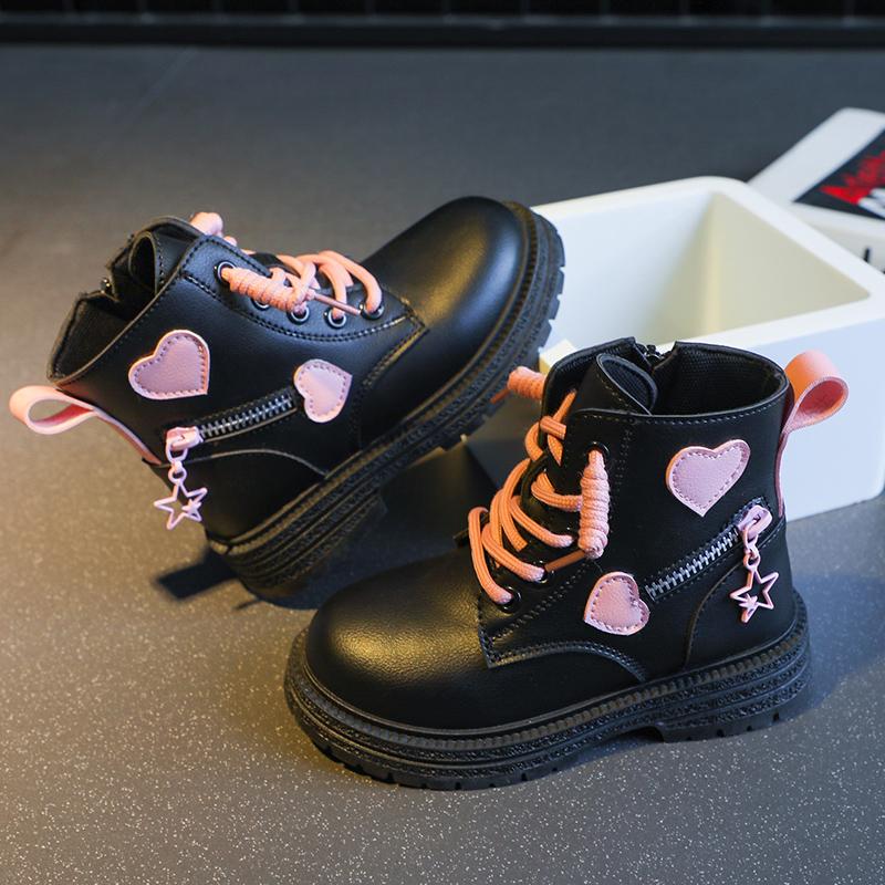 2024 New Pink Sweet Girls Short Boots Zipper PU Kids Fashion Causal Shoes Autumn Winter Versatile Soft Princess Black Child Shoe