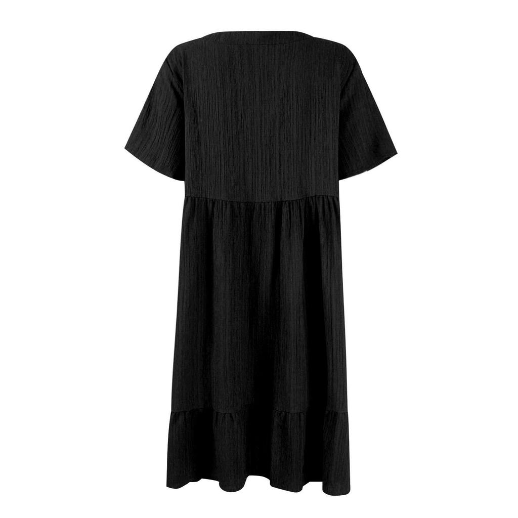 Ladies Casual Sexy Solid Color V-neck Loose Patchwork Short Sleeve Dress