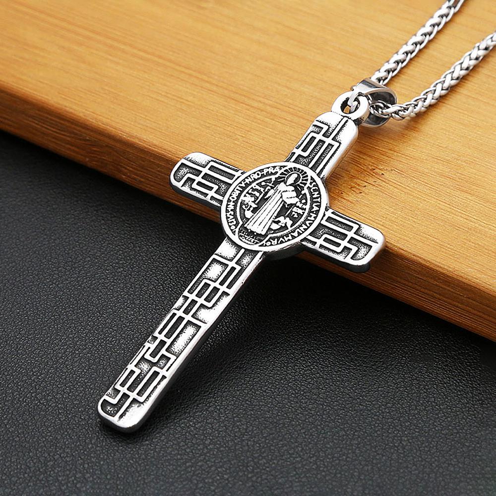 Vintage Catholic Jesus Cross Pendant Necklace Stainless Steel Fashion Saint Benedict Cross Necklace for Men Women Amulet Jewelry