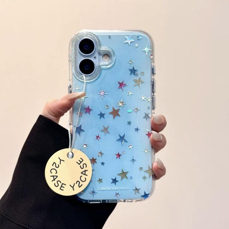 Милый Чехол для Телефона с Лазерным Узором из Звезд для IPhone 16 15 14 17 Pro Max 13 Ударопрочный Защитный Мягкий Чехол с Принтом Пятиконечных Звезд
