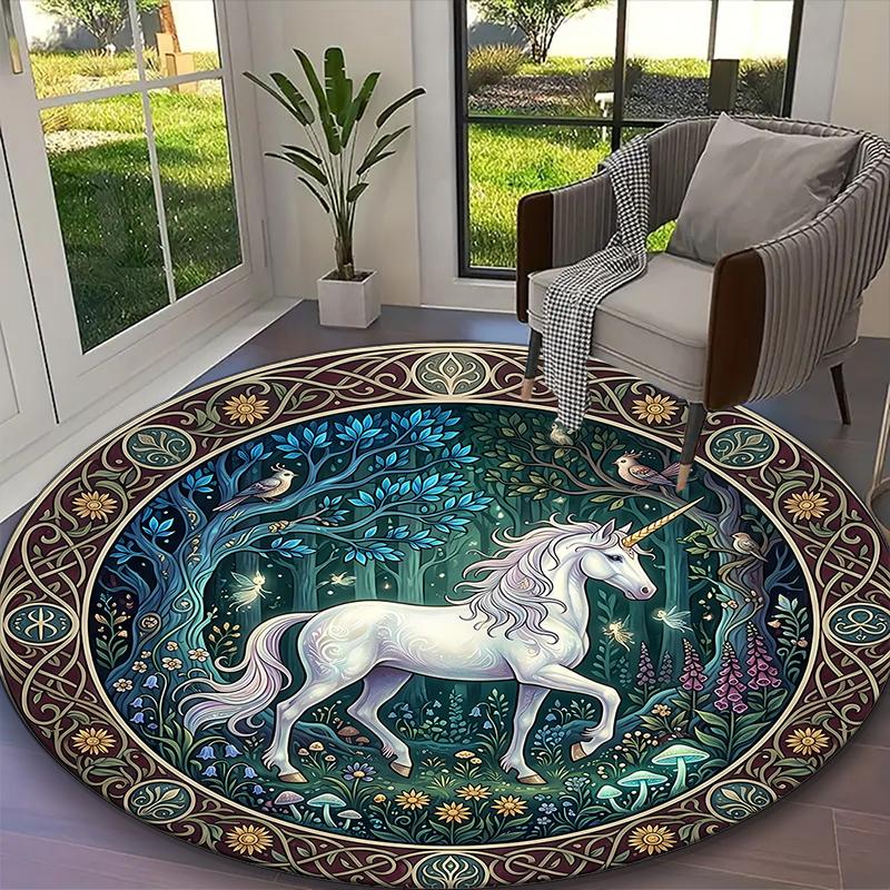 [Autumnal Forest Unicorn Printed Carpet] Non-slip Office Rug, Cozy Round Carprt for Living Room Use, Soft Home Sofa Chair Mat