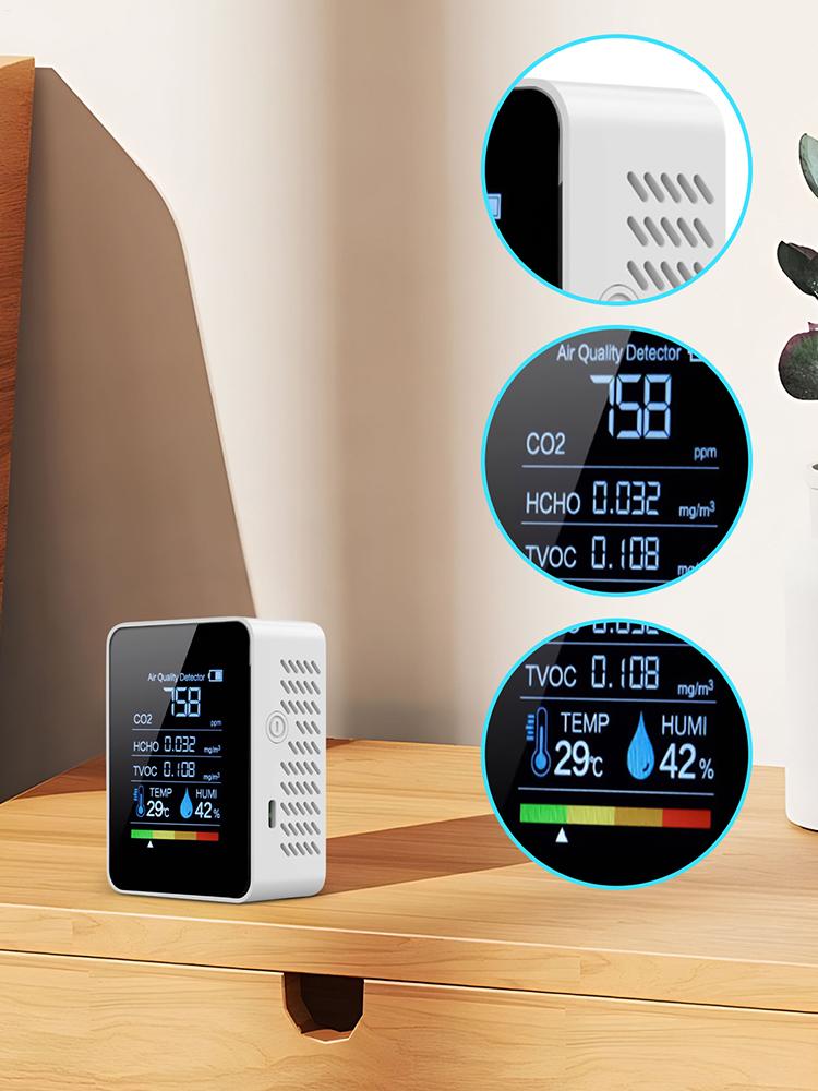 Portable 5 In 1 Air Quality Detector Smart Clear Display Accurate Monitor For Safety CO2 TVOC HCHO Testing Monitoring Detection