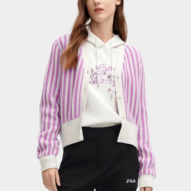Fila Трикотажный топ с V-образным вырезом на пуговицах с длинными рукавами из серии Heritage с полным принтом в полоску женские топы фиолетовый красный F11W418408F-PU