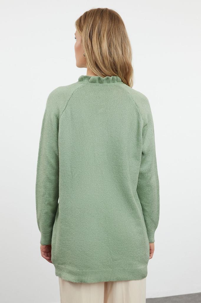 Women's Fashionable Stylish Hijab Sweater Mint Collar Frilly Buttoned Knitwear Sweater