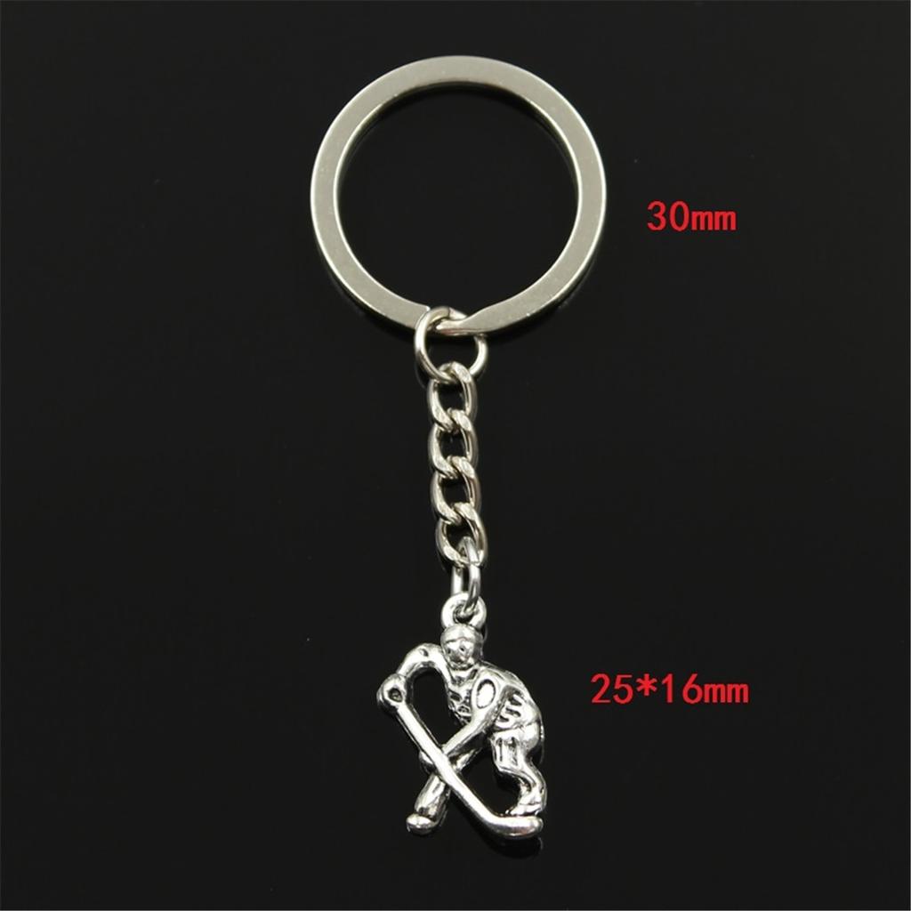 Fashion Keychain 25x16mm Hockey Player Sporter Bronze Silver Color Pendants DIY Men Jewelry Car Key Chain Ring Holder Gift