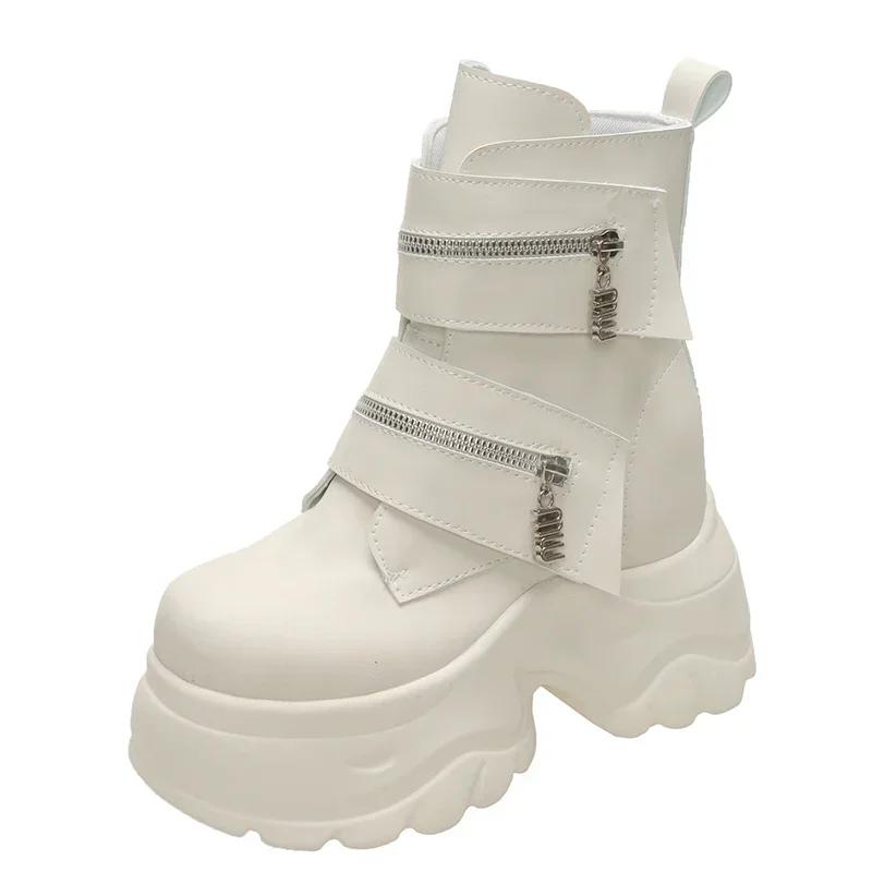 2025 женские кожаные ботильоны осень-зима 9,5 см каблук массивные кроссовки высокая платформа молния короткие мотоциклетные ботинки женские Botas