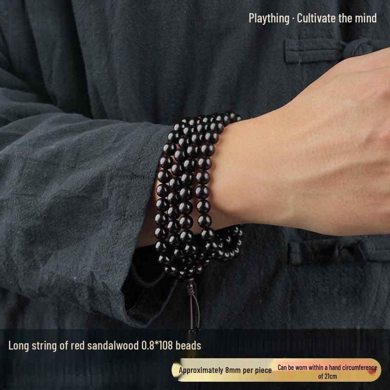 Indian Red Sandalwood 108-Bead Prayer Bracelet for Men & Women – Small-Leaf, Star-Patterned, Handcrafted Spiritual Bead String.