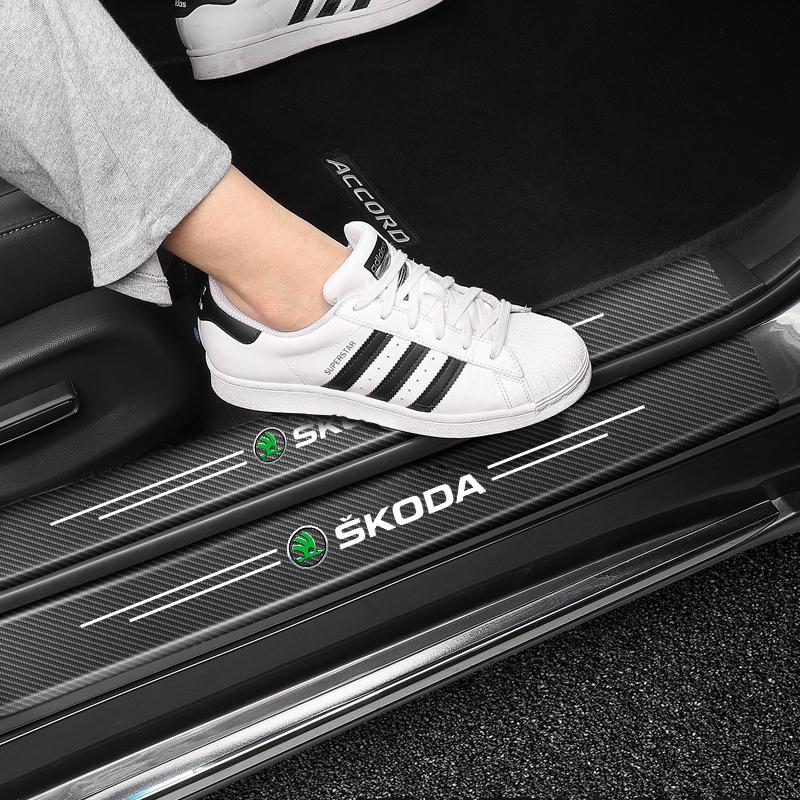 AAAAB1 5Pcs Car Threshold Stickers Anti Scratch Decals Protector For Skoda Octavia Superb Rapid Kodiaq Karoq Fabia Kamiq Enyaq iV Scala