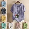 Women's Fashion Flowers Prined Round Neck Short Sleeve T-shirt Casual Cotton Linen Graphic Shirt Leisure Loose Summer Blouse Tops