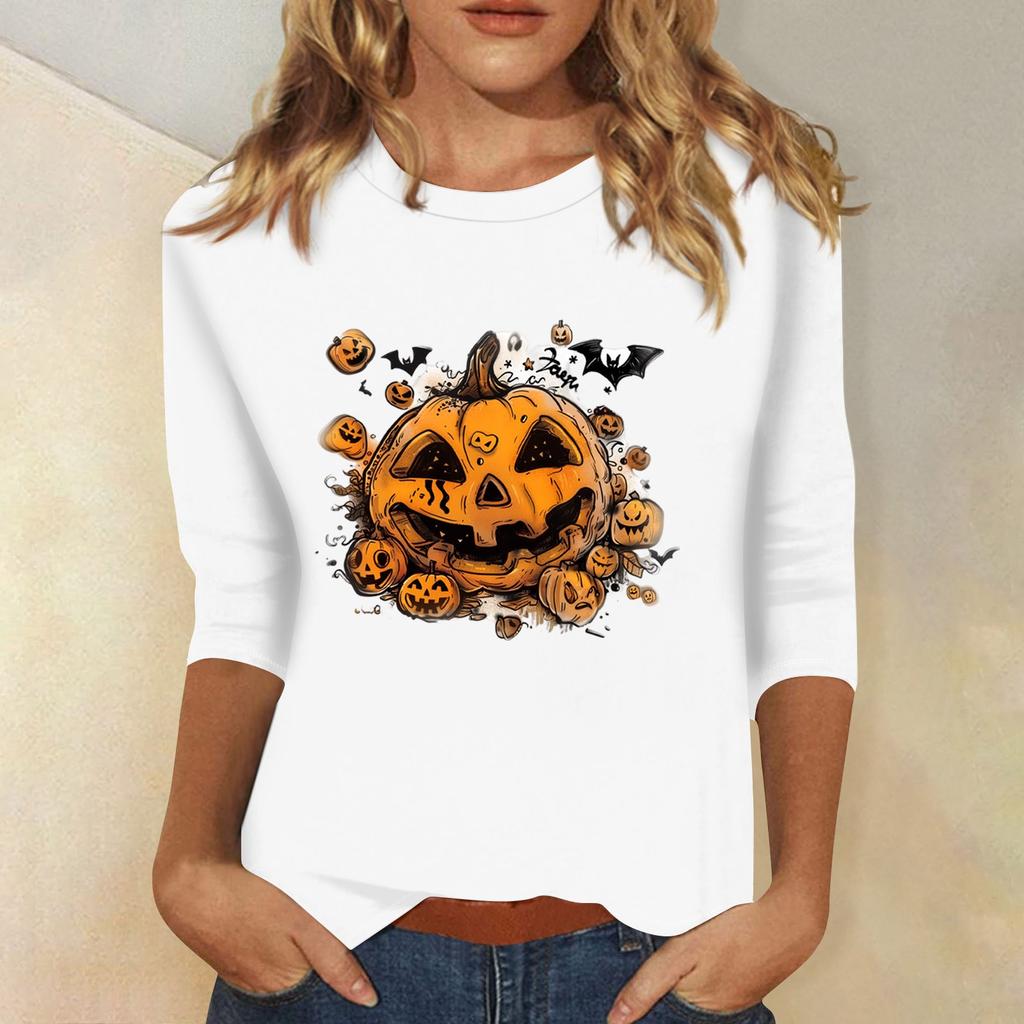Women's Fashion Casual Three-quarter Sleeve Halloween Printed Round Neck Top