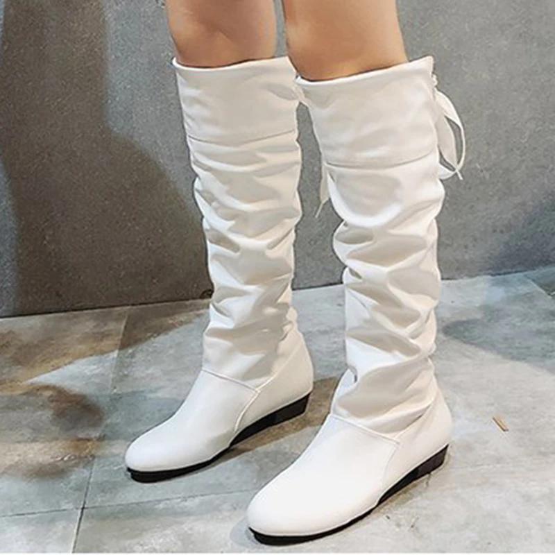 2026 New Shoes for Women Knee High Boots Thigh High Boots Woman Pleated Low Heel Casual Leather Platform Boots Botas Para Mujer