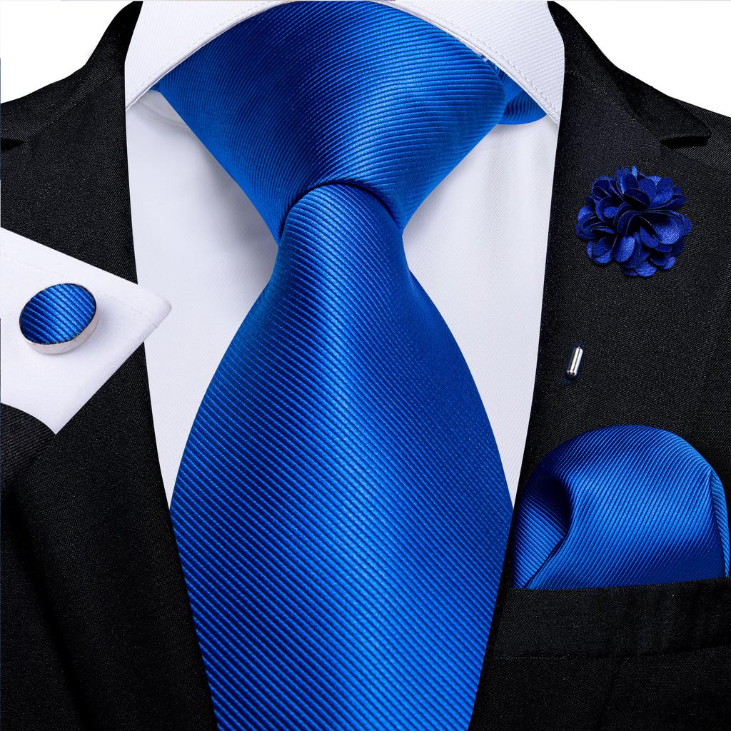 Men's Tie Formal Party Blue Boutonniere Silk Tie Handkerchief Cufflinks Tie Set for Wedding Accessories