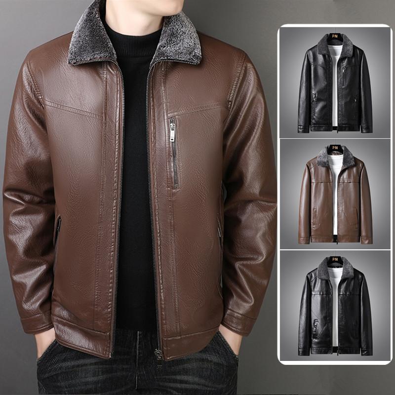 Winter Cashmere Coat Men's PU Leather Jacket Middle-aged Leather Jacket